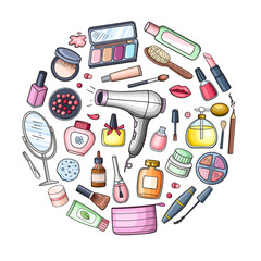 Hand drawn make up and cosmetics round banner.