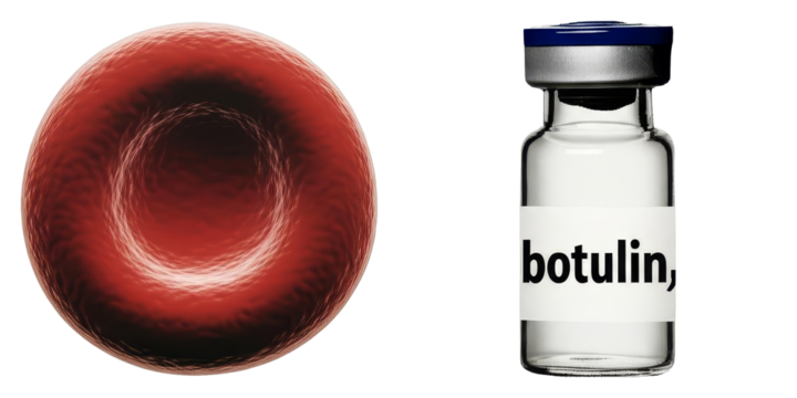 PNG red blood cell and a vial of botulinum toxin are displayed on a white background.