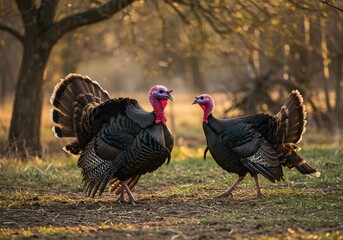 Turkeys Roaming in Forest