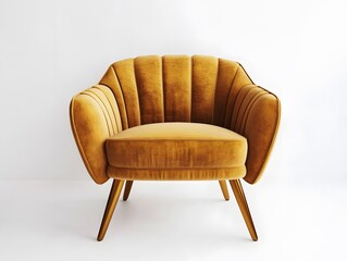 Close up of a gold velvet armchair with a curved back and wooden legs against a white background