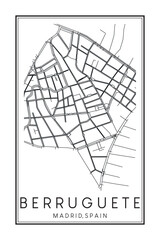 Hand drawn printable downtown road map poster of borough BERRUGUETE of the Spanish city of MADRID on solid white background with city name