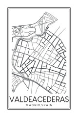 Hand drawn printable downtown road map poster of borough VALDEACEDERAS of the Spanish city of MADRID on solid white background with city name