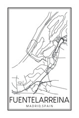 Hand drawn printable downtown road map poster of borough FUENTELARREINA of the Spanish city of MADRID on solid white background with city name