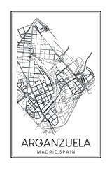 Obraz premium Hand drawn printable downtown road map poster of borough ARGANZUELA of the Spanish city of MADRID on solid white background with city name