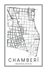 Hand drawn printable downtown road map poster of borough CHAMBERÍ of the Spanish city of MADRID on solid white background with city name
