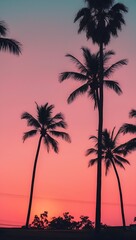 Obraz premium Silhouetted Palm Trees at Sunset A Vibrant Tropical Scene