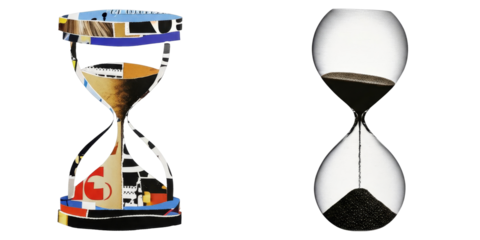 PNG Two sand timers form a collage with contrasting designs.