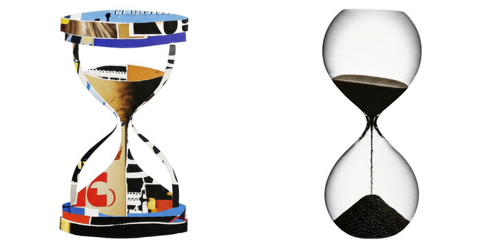 PNG Two sand timers form a collage with contrasting designs.