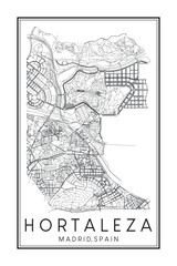 Hand drawn printable downtown road map poster of borough HORTALEZA of the Spanish city of MADRID on solid white background with city name