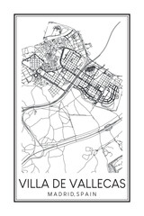 Hand drawn printable downtown road map poster of borough VILLA DE VALLECAS of the Spanish city of MADRID on solid white background with city name