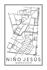 Hand drawn printable downtown road map poster of borough NIÑO JESÚS of the Spanish city of MADRID on solid white background with city name