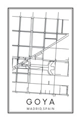Hand drawn printable downtown road map poster of borough GOYA of the Spanish city of MADRID on solid white background with city name