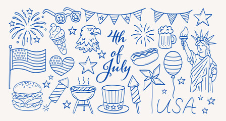 A blue and white drawing of a patriotic scene with a patriotic flag, an American flag, and a patriotic theme