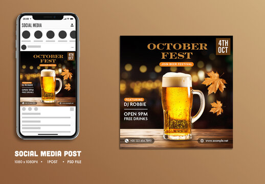Oktoberfest Beer Festival Social Media Post with Beer Mug and Autumn Leaves for DJ Party Promotion and Free Drinks Offer, Editable Design.