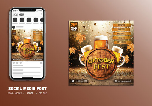 Oktoberfest Beer Festival Social Media Post with Beer Mugs and Autumn Leaves for DJ Party Promotion, Editable Design.