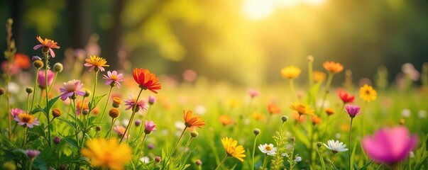 Vibrant wildflowers bloom in a lush meadow bathed in the warm sunlight of springtime Perfect for themes of renewal, growth, and the beauty of nature's awakening , flowers, environment, grass