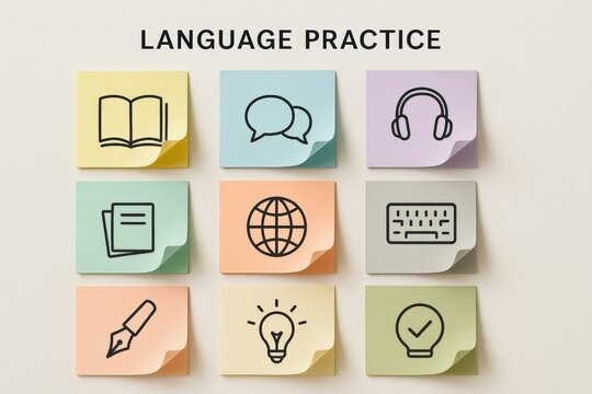 Language Practice Icons on Colorful Sticky Notes for Study and Learning