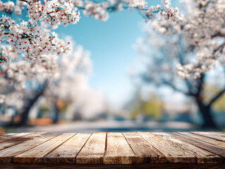 Wooden table surface with blurred spring cherry blossoms and blue sky background