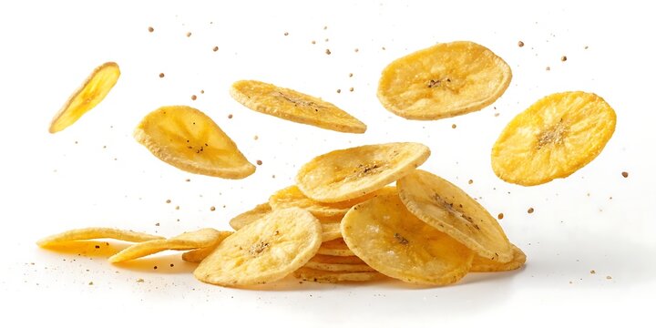 Crispy banana chips falling on white background