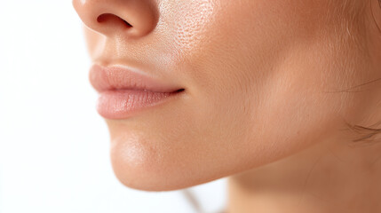 Closeup of woman cheek and jawline with radiant smooth skin and natural lips, showing healthy complexion and soft texture in bright lighting