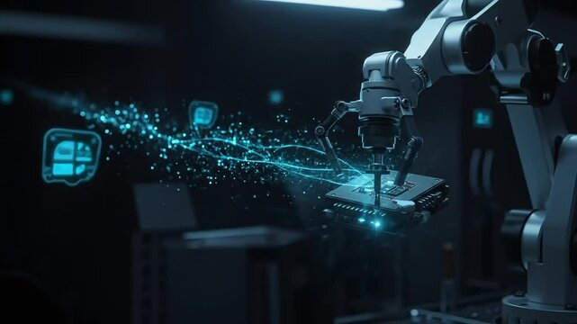 Robotic arm assembling components with glowing particles in factory  