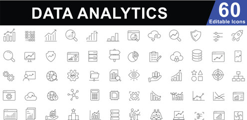 Data Analytics Line Icons set. Business Intelligence, Statistics, Big Data & Reporting Symbols. Editable vector line icons