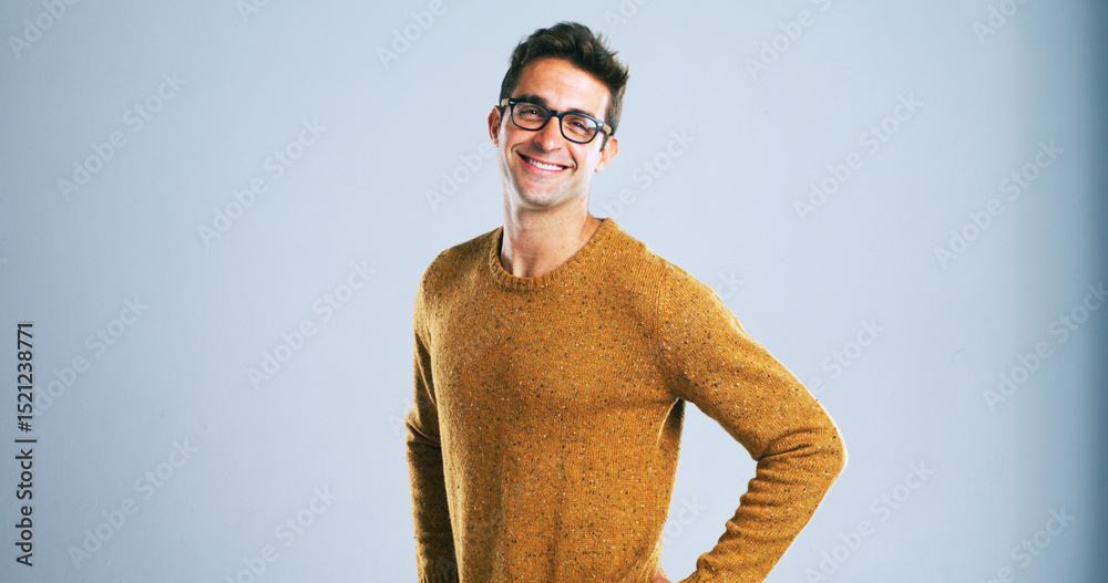 Fototapete Glasses, portrait and smile of tech guru in studio for computer engineering or development. IT support, small business and technician or happy programmer man on white background as script coder