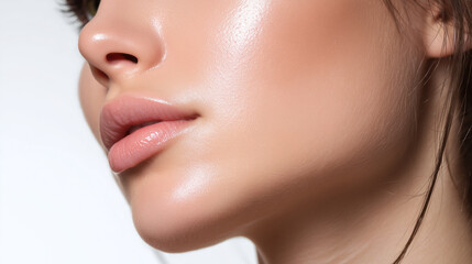Closeup of woman cheek and jawline with radiant smooth skin and natural lips, highlighting healthy skin texture and soft lighting for fresh and glowing appearance