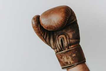 A close up shot of a person wearing a brown leather boxing glove against a plain white background indoors