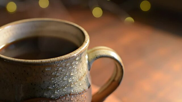 Hot Coffee in Rustic Mug with Warm Ambient Lights on Cozy Table Setting