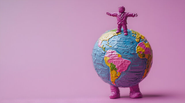 A tiny pink figure stands triumphantly atop a walking globe symbolizing global dominance exploration human achievement travel environmental impact and imaginative artistic interpretation
