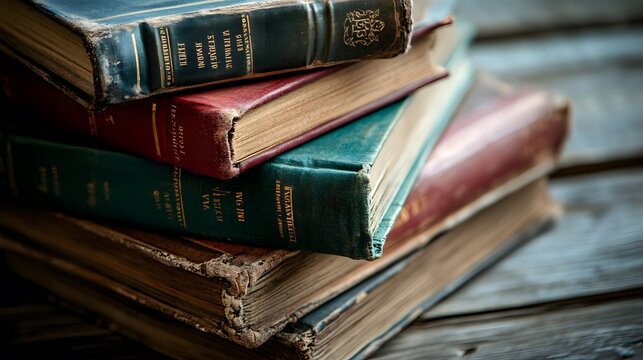Close-Up of Worn Leather-Bound Vintage Books Stacked on Wooden Table, with Blurred Library Setting for Scholarly Feel