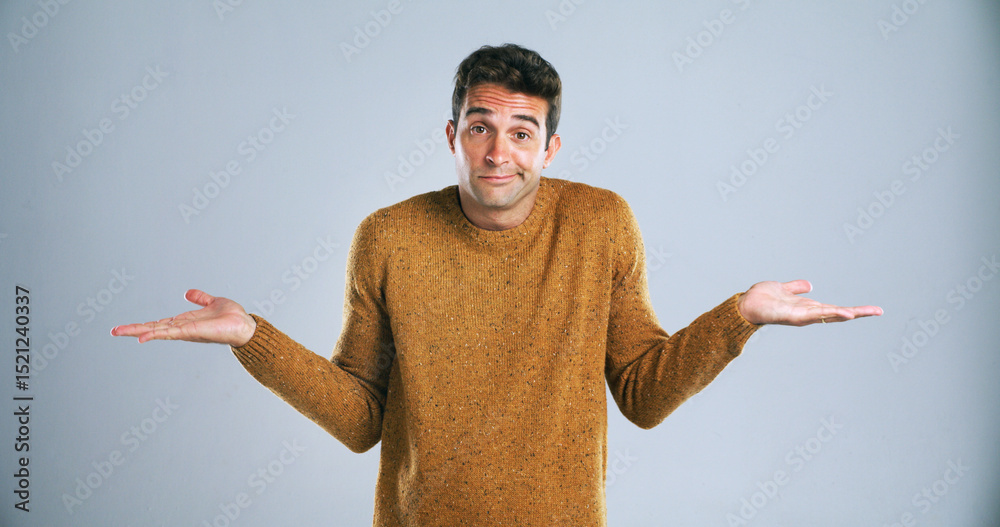 Fototapete confused, portrait and shrugging shoulders with man in studio for doubt, solution or question. emoji