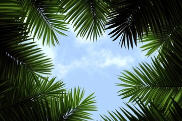 A view of lush green palm leaves against a bright blue sky.