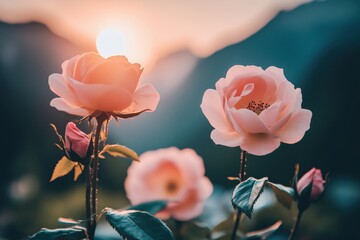 A close-up of pink roses blooming against a sunset backdrop with soft lighting.