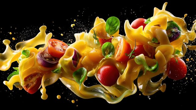 flying pasta salad with Italian dressing splash and vegetables, perfect lighting, realistic and cinematic style