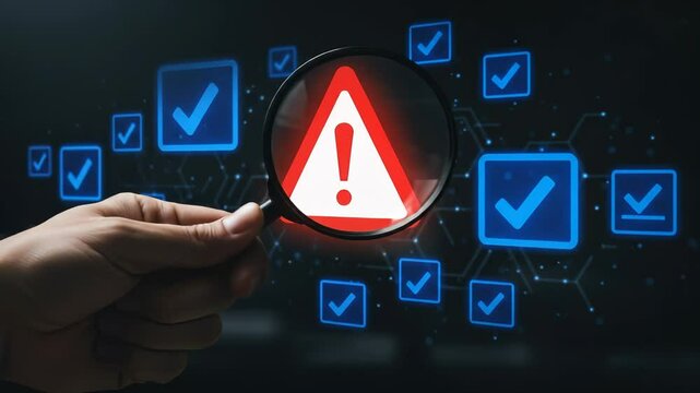 Magnifying Glass Highlights Red Warning Sign Among Blue Checkmarks: Risk Detection, Error Identification & Cybersecurity Alert Concept.