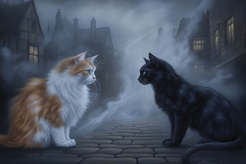 Two cats, one orange and white, the other black, facing each other in a misty, cobblestone street.