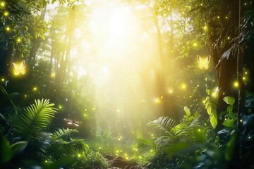 A magical forest scene filled with glowing lights and butterflies amidst lush greenery.