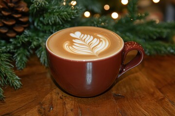 A brown coffee cup filled with latte art, placed on a wooden table with pine branches in the background.