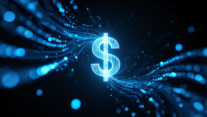 Digital money dollar sign neon light financial tech currency technology concept