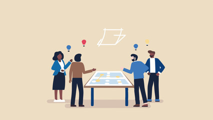 Fototapeta premium Diverse team collaborating around a table with lightbulb icons brainstorming ideas together now today