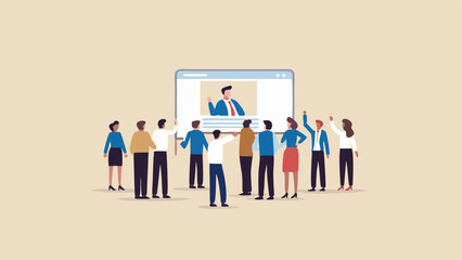 Group of people watching a presentation on a screen with a man giving a speech online to the audience