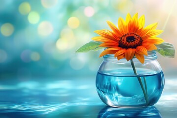 A vibrant sunflower in a glass vase filled with water, set against a soft blue background.