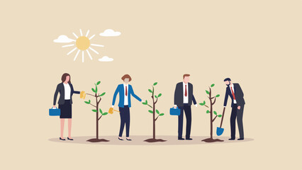 Business team growing trees with watering cans and shovel under sun and clouds on beige background
