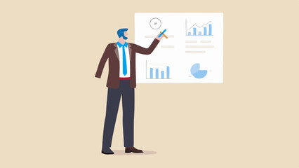 Fototapeta premium Man in suit pointing at presentation board with charts and graphs in a business setting illustration