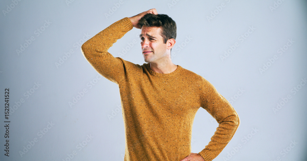 Poster Confused, scratching head and thinking with man in studio for doubt, problem solving or question. Emoji, solution and why with unsure person on white background for answer, decision or mistake