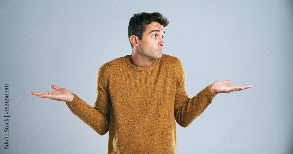 Poster confused, shrugging and thinking with man in studio for doubt, problem solving or question. search, 