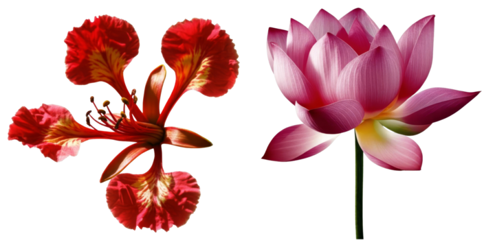 PNG Two vibrant flowers—a flamboyant hibiscus and a delicate lotus—are displayed against a transparent background.