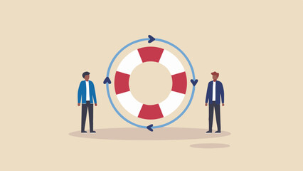 Two people stand beside a life preserver encircled by arrows indicating a cyclical process flow chart